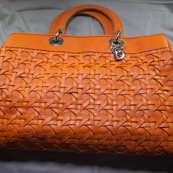 Elegant Christian Dior Orange Lady Dior Woven Leather Tote - Picture 1 of 7